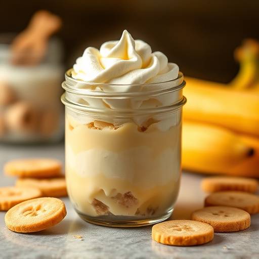 Banana Pudding in a glass jar with vanilla wafers and whipped cream.