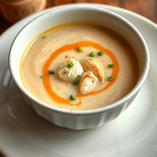 Bowl of She Crab Soup garnished with sherry and chopped chives.