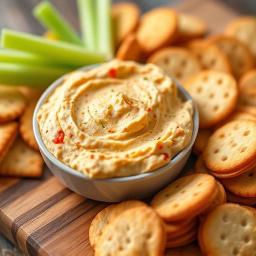 Close-up of Pimento Cheese Dip served with crackers and celery sticks on a wooden board.