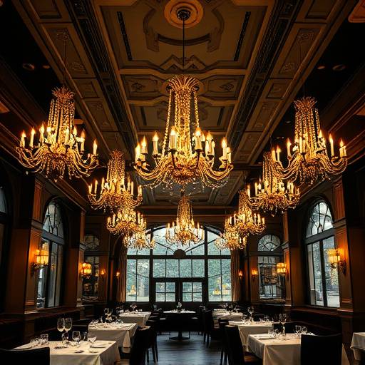 Elegant interior of The Gilded Spoon restaurant, showing the dining area with chandeliers.