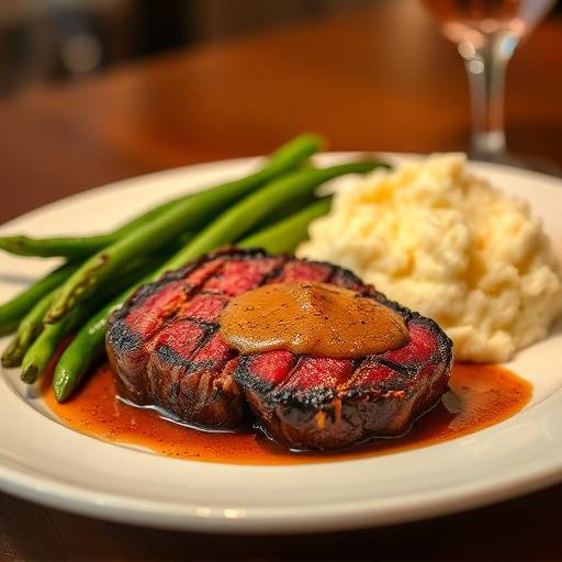 Filet mignon with mashed potatoes and green beans on a white plate.