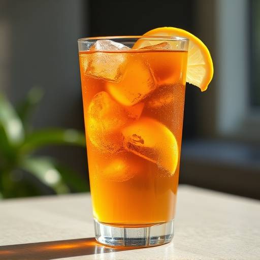 Glass of Sweet Tea with ice and a lemon wedge.