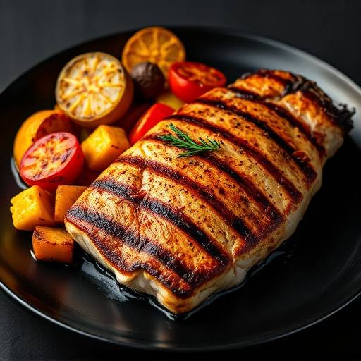 Grilled swordfish steak with roasted vegetables on a black plate.