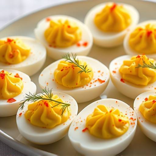 Image of Deviled Eggs topped with paprika and a small sprig of dill.