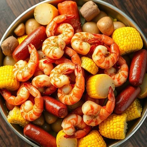 Lowcountry Boil with shrimp, sausage, corn, and potatoes on a platter.