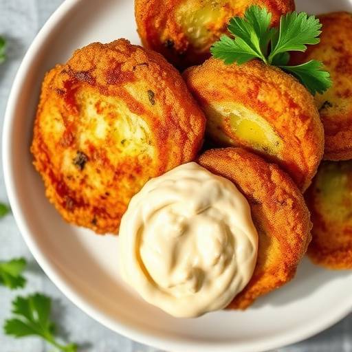 Overhead view of Fried Green Tomatoes served with remoulade sauce and a sprinkle of parsley.