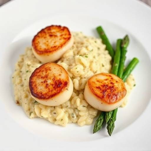 Pan-seared scallops with risotto and asparagus spears on a white plate.