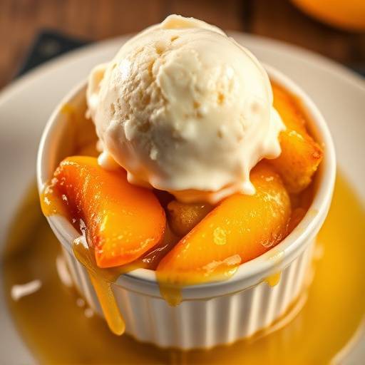 Peach Cobbler with vanilla ice cream in a ramekin.