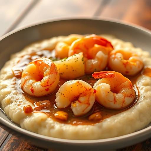 Plate of Shrimp and Grits with creamy grits, shrimp, and tasso ham gravy.