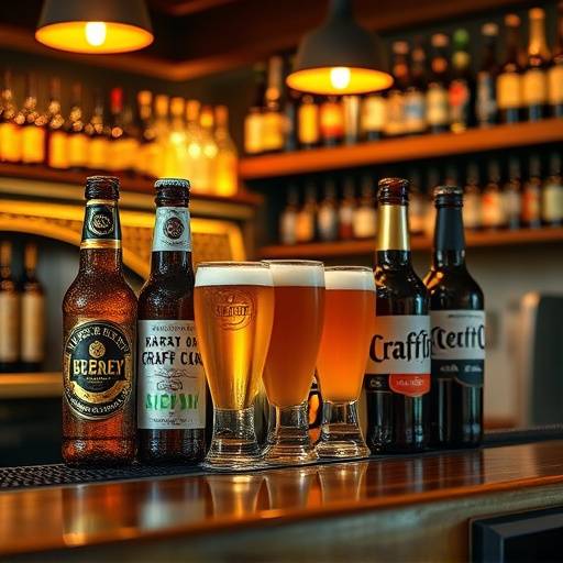 Selection of local craft beers on a bar counter.