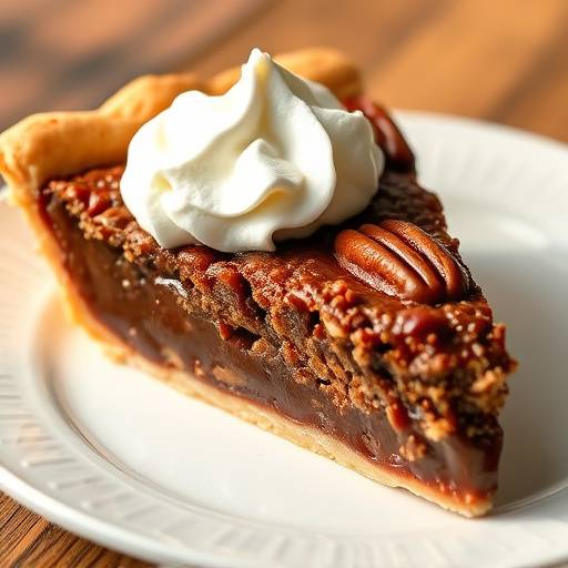 Slice of Chocolate Pecan Pie with whipped cream on a plate.